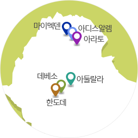에티오피아 국가에 시범마을 이였던 마을들 위치를 나타내는 이미지(마이멕덴, 아디스알렘, 아라토, 데베소, 아둘랄라, 한도데)